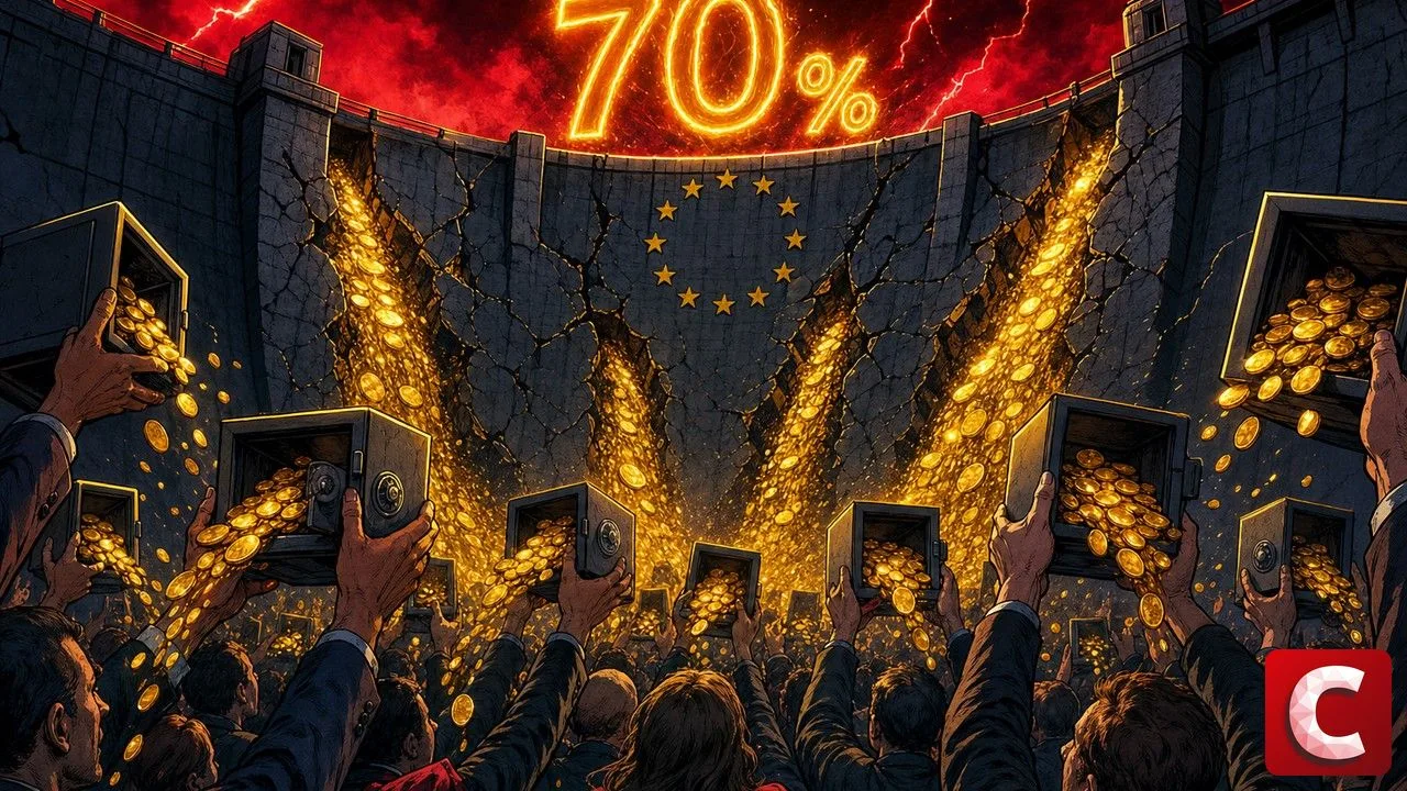 Self-custody shown as a cracked European dam pouring coins into personal safes