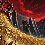 Token unlock illustré par un barrage libérant un torrent de pièces d'or crypto