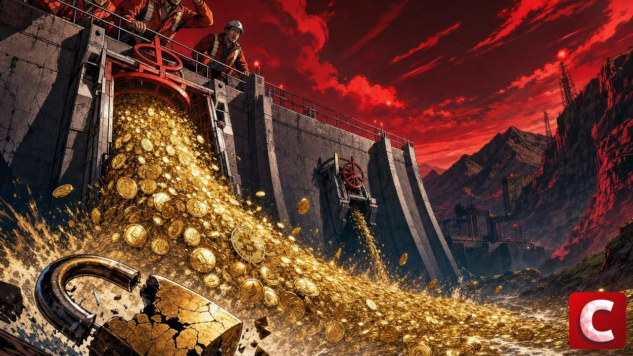 Token unlock illustré par un barrage libérant un torrent de pièces d'or crypto