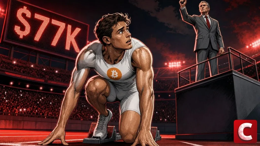 Bitcoin cale : un sprinteur au logo Bitcoin attend le coup de pistolet du starter