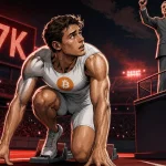 Bitcoin cale : un sprinteur au logo Bitcoin attend le coup de pistolet du starter