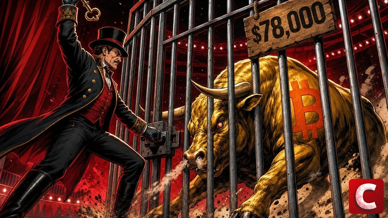 Bitcoin recule pendant qu'un dompteur referme une cage sur un taureau doré