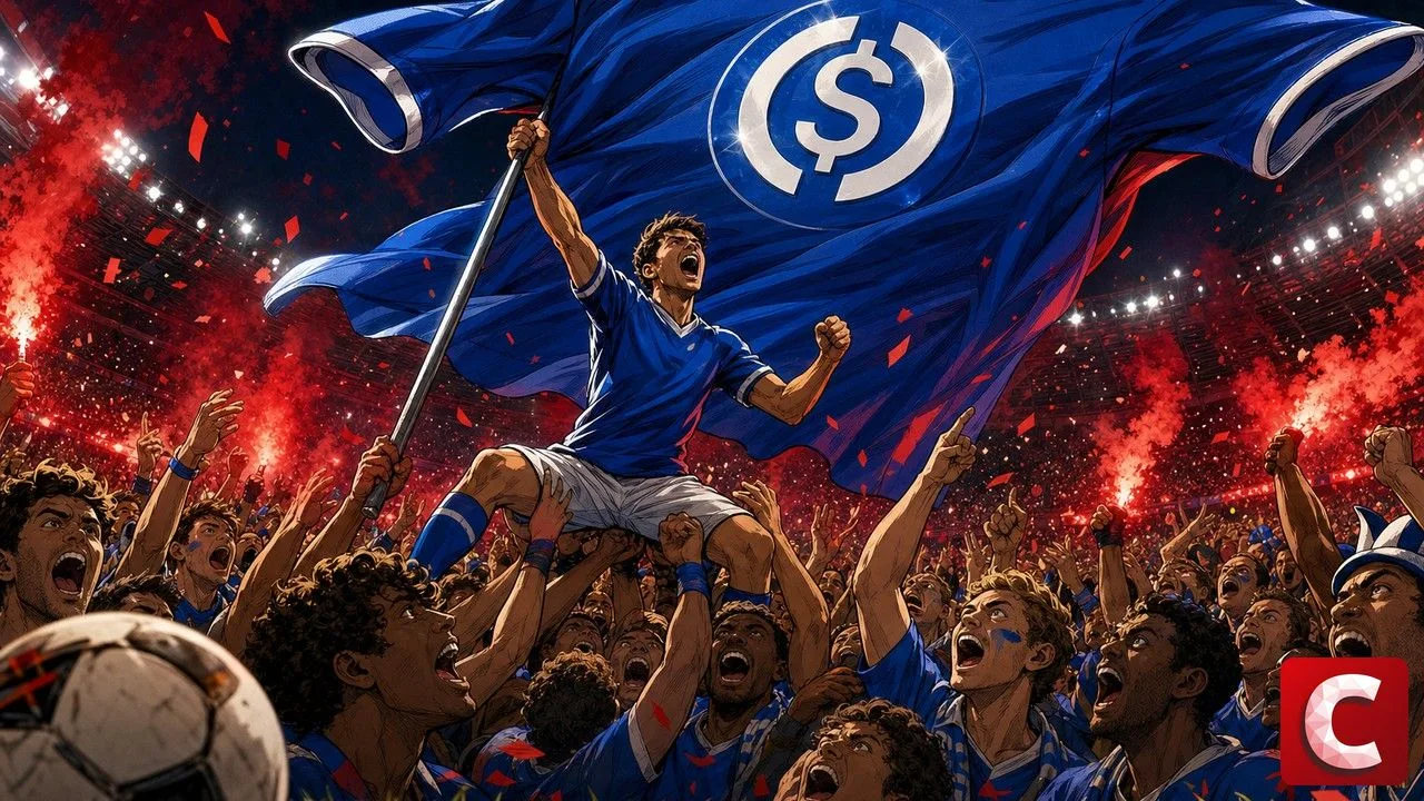 USDC brandi sur un immense maillot bleu au-dessus d'une foule de supporters