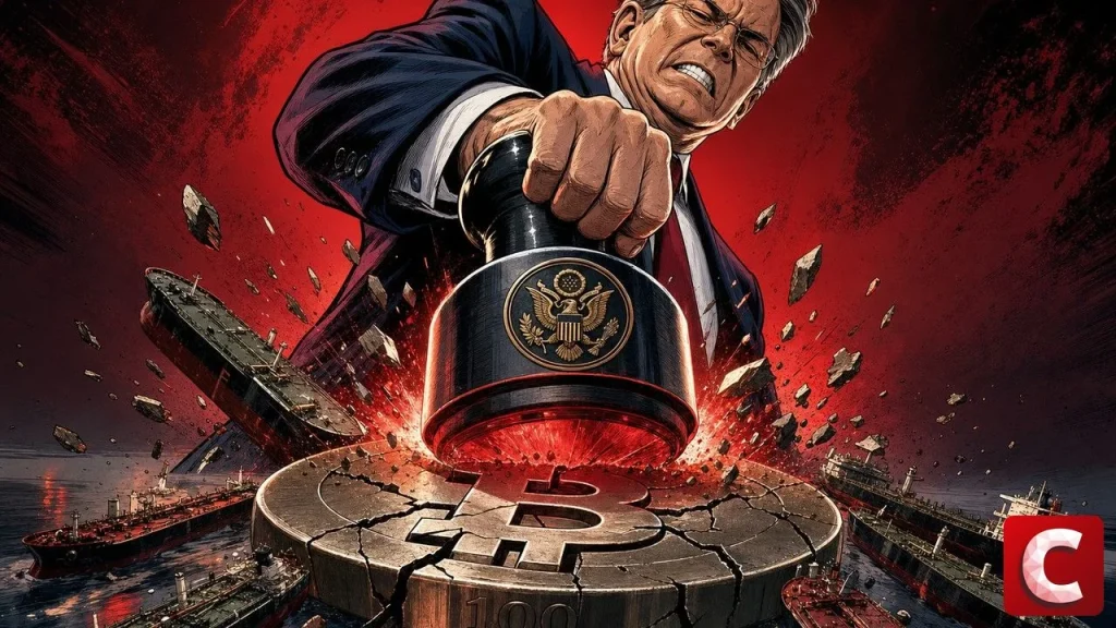 Iran crypto struck by a US official seal on a cracked Bitcoin token