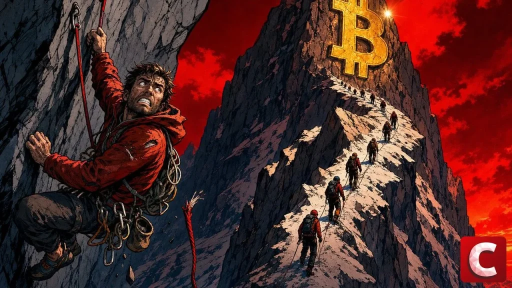 BIP-110 fork shown as a lone climber with a cut rope below the Bitcoin ridge