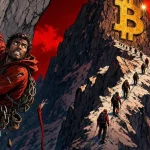 Fork BIP-110 illustré par un alpiniste isolé, corde tranchée, face à la cordée Bitcoin