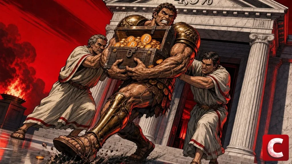 MSCI illustré par un colosse serrant un coffre à pièces bitcoin, expulsé d'un temple