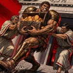 MSCI illustré par un colosse serrant un coffre à pièces bitcoin, expulsé d'un temple