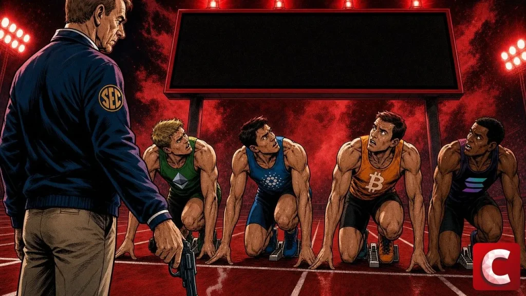 Reg Crypto scene showing an SEC starter lowering his pistol before frozen sprinters