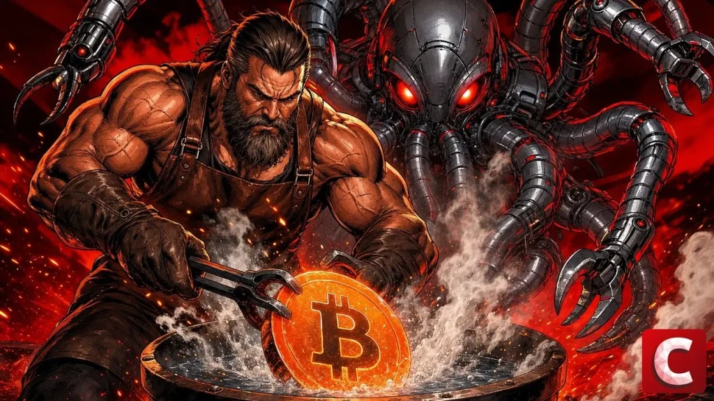Bitcoin transaction hardened against quantum computers, a coin quenched in front of a robot