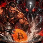 Bitcoin transaction hardened against quantum computers, a coin quenched in front of a robot