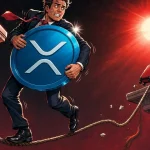 Funambule serrant un jeton XRP bleu sur un câble qui retombe entre deux colonnes