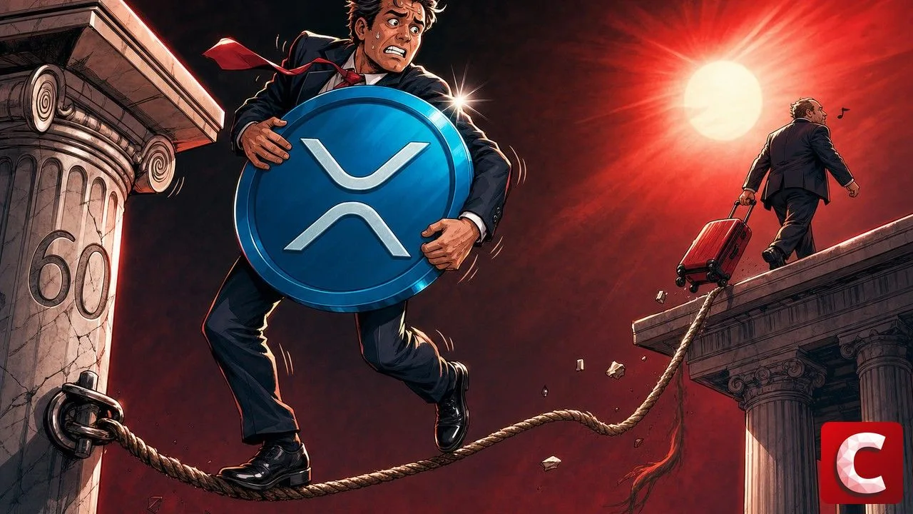 Funambule serrant un jeton XRP bleu sur un câble qui retombe entre deux colonnes