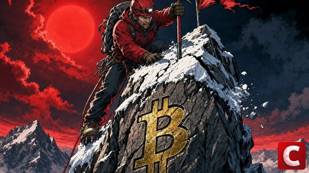 Bitcoin breaks a key level, climber atop a rock peak carved with the bitcoin symbol
