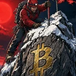 Bitcoin breaks a key level, climber atop a rock peak carved with the bitcoin symbol