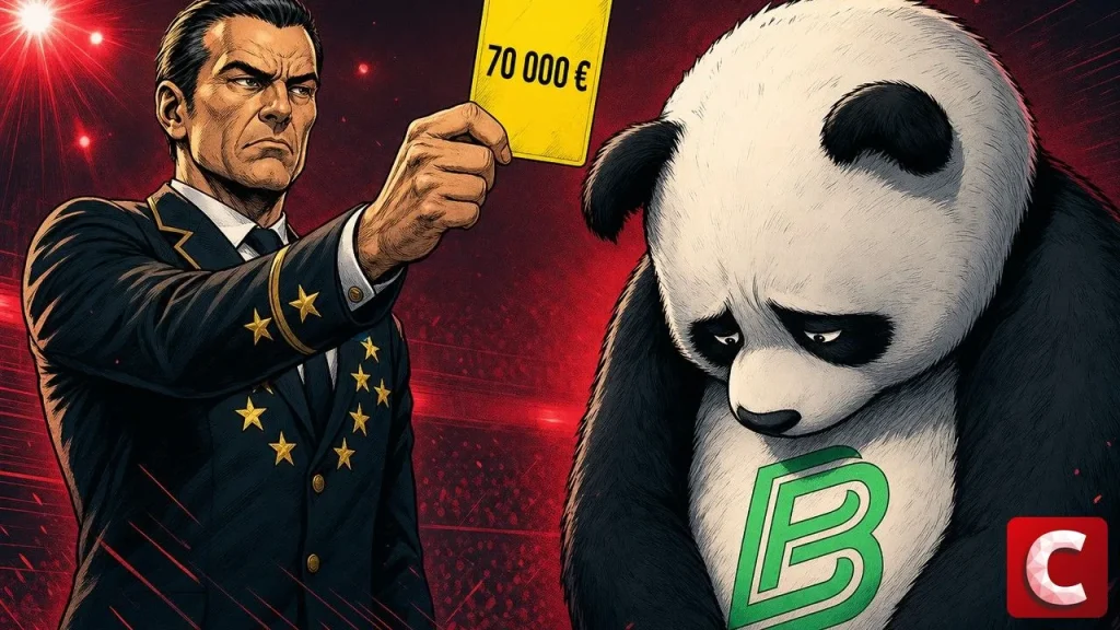 Arbitre européen montrant un carton jaune au panda Bitpanda après la première amende MiCA