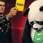 Arbitre européen montrant un carton jaune au panda Bitpanda après la première amende MiCA