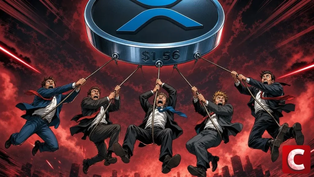 XRP token rising as a giant coin marked $1.56 lifts five traders hanging on ropes