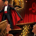 Trump crypto illusionist levitating a gold safe while coins drop through a stage trapdoor