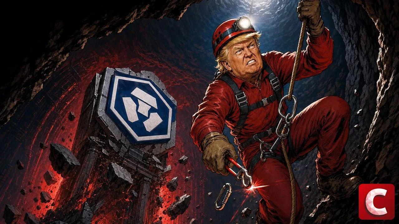 Trump Media shown as a caver cutting the line to a collapsing underground vault