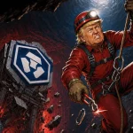 Trump Media illustré par un spéléologue coupant sa corde au-dessus d'un gouffre effondré