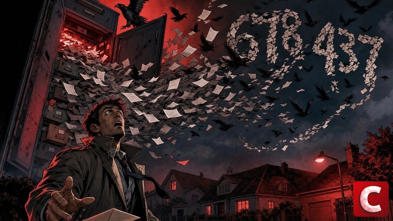 French tax data flying out of a ripped filing cabinet and turning into crows over a suburb