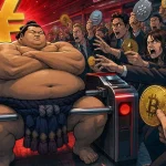 FSA japonaise symbolisée par un sumo bloquant un tourniquet devant une foule de détenteurs crypto