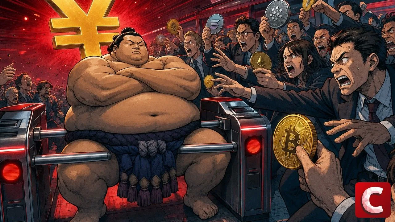 FSA japonaise symbolisée par un sumo bloquant un tourniquet devant une foule de détenteurs crypto