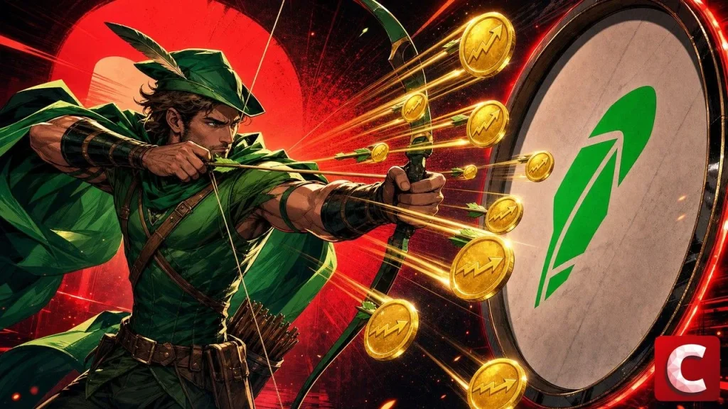Robinhood Chain shown as an archer firing golden tokenized stock coins forward