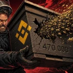 Binance beehive cracked open as a golden swarm escapes past a furious beekeeper