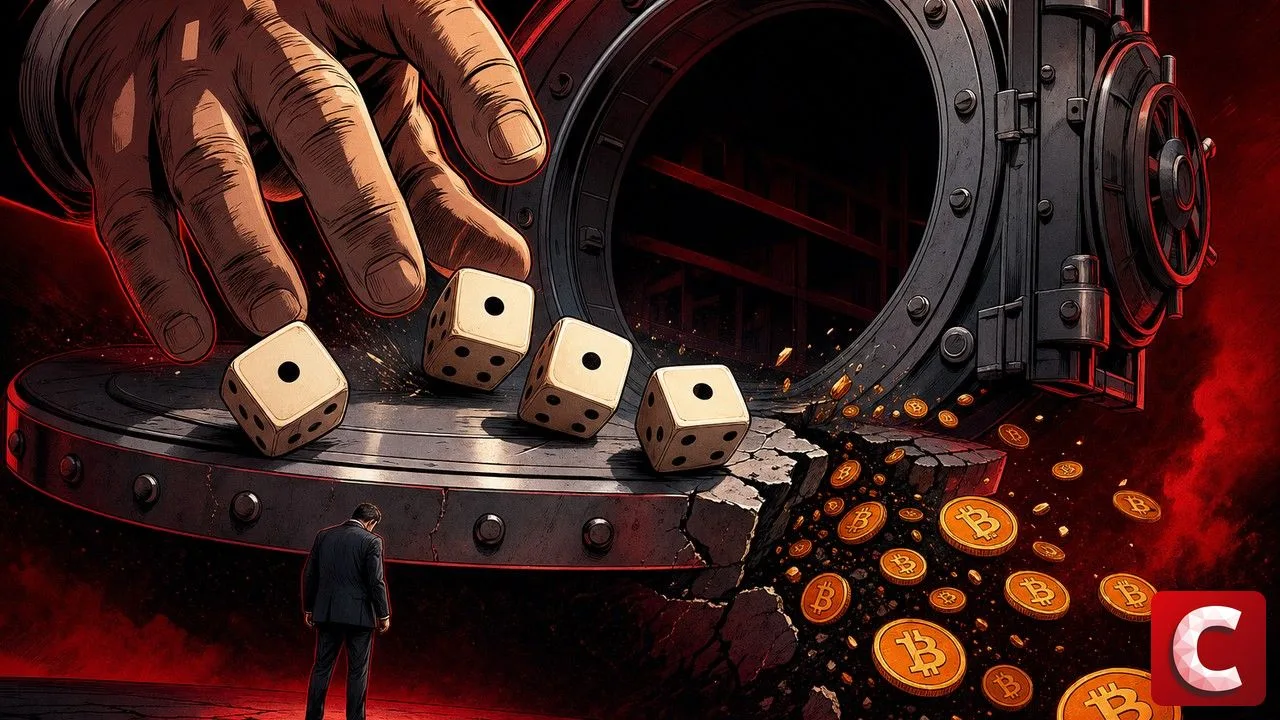 Coldcard losses shown as loaded dice on a gaping safe emptied of its bitcoin