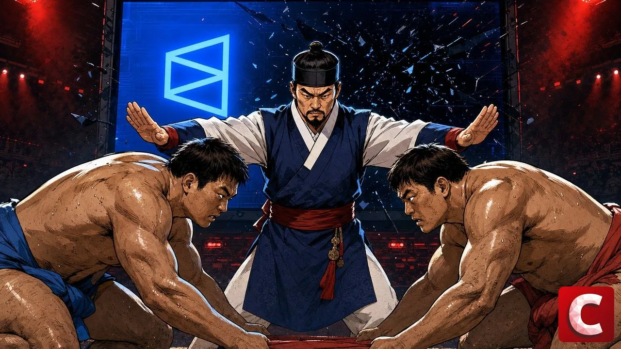 Polymarket blocked evoked by a ssireum referee halting two wrestlers in front of a dark screen
