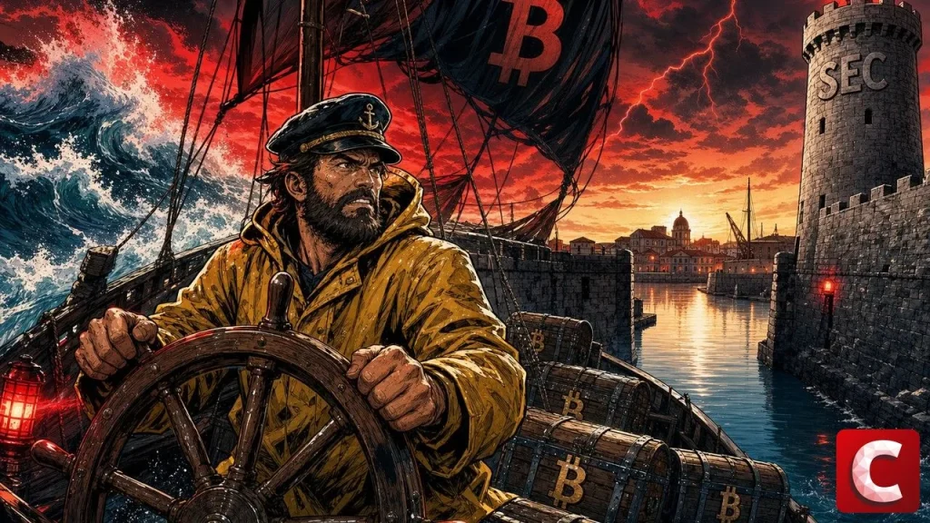 Safe harbor illustré par un voilier chargé de bitcoins entrant dans un port fortifié