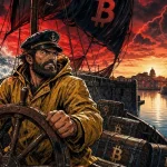 Safe harbor illustré par un voilier chargé de bitcoins entrant dans un port fortifié