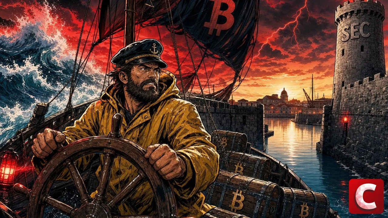 Safe harbor illustré par un voilier chargé de bitcoins entrant dans un port fortifié