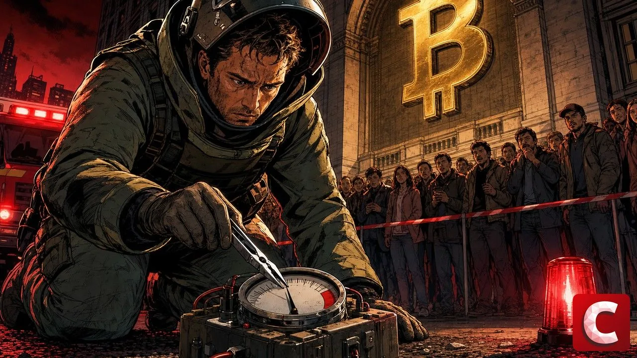 Bitcoin repasse un seuil illustré par un démineur figé devant un compteur bloqué avant le rouge