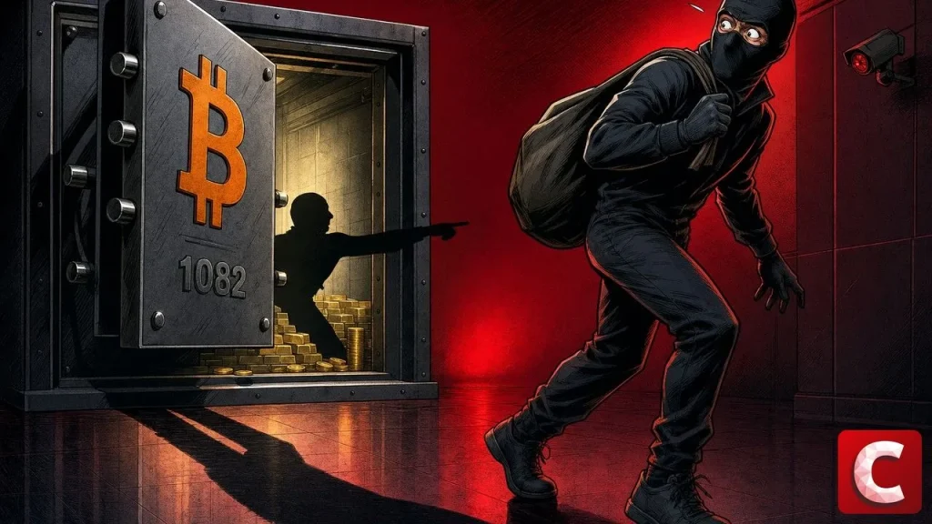 Coldcard hack scene showing a burglar betrayed by his own shadow near an open vault
