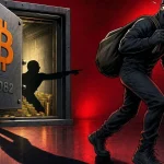Hack de Coldcard illustré par un cambrioleur trahi par son ombre devant un coffre ouvert