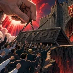 Hyperliquid US entry pictured as a drawbridge lowered toward a crowd of running traders