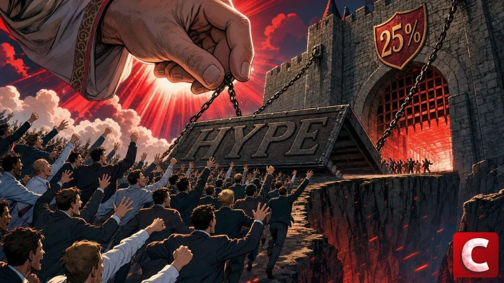 Hyperliquid aux États-Unis symbolisé par un pont-levis abaissé devant une foule de traders