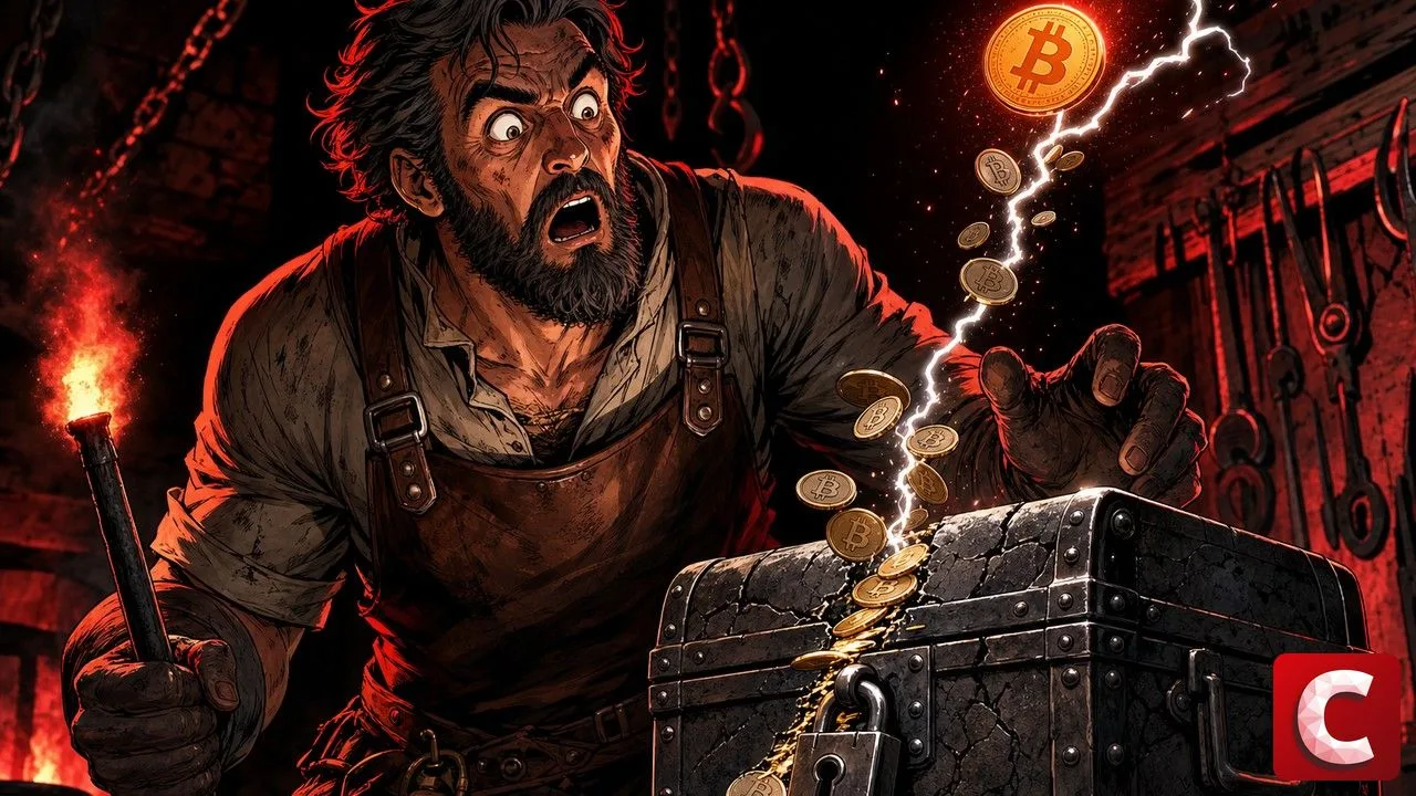 Faille BTCPay illustree par un coffre fissure vide de ses pieces Bitcoin par un eclair