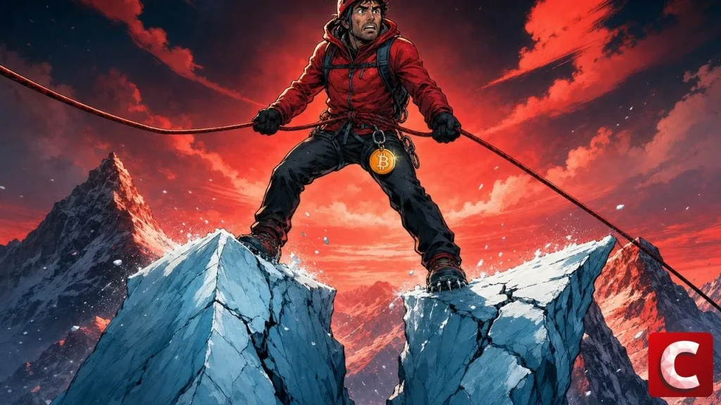 Fork Bitcoin illustre par un alpiniste a cheval sur deux cretes de glace divergentes