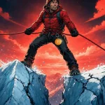 Fork Bitcoin illustre par un alpiniste a cheval sur deux cretes de glace divergentes
