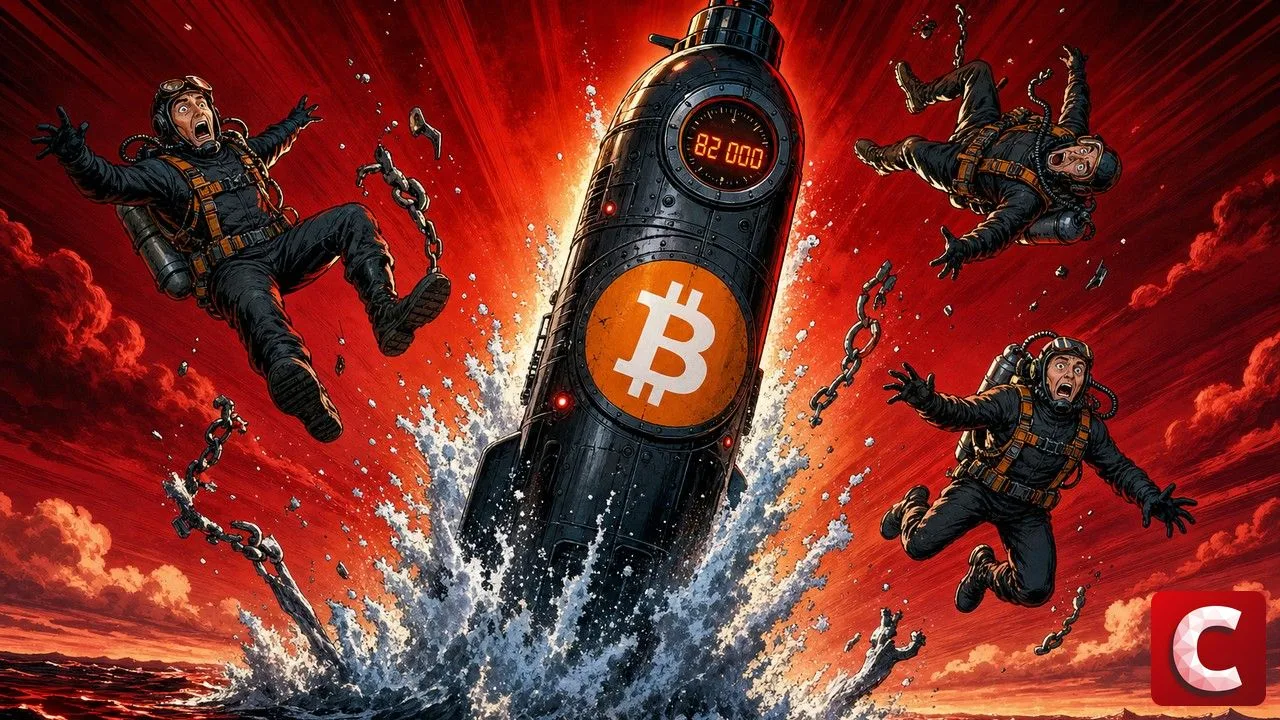 Bitcoin rebounds as a submarine bursts from the sea flinging three chained divers