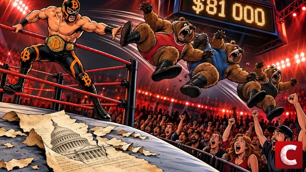Bitcoin as a masked wrestler throws three bears out of the ring