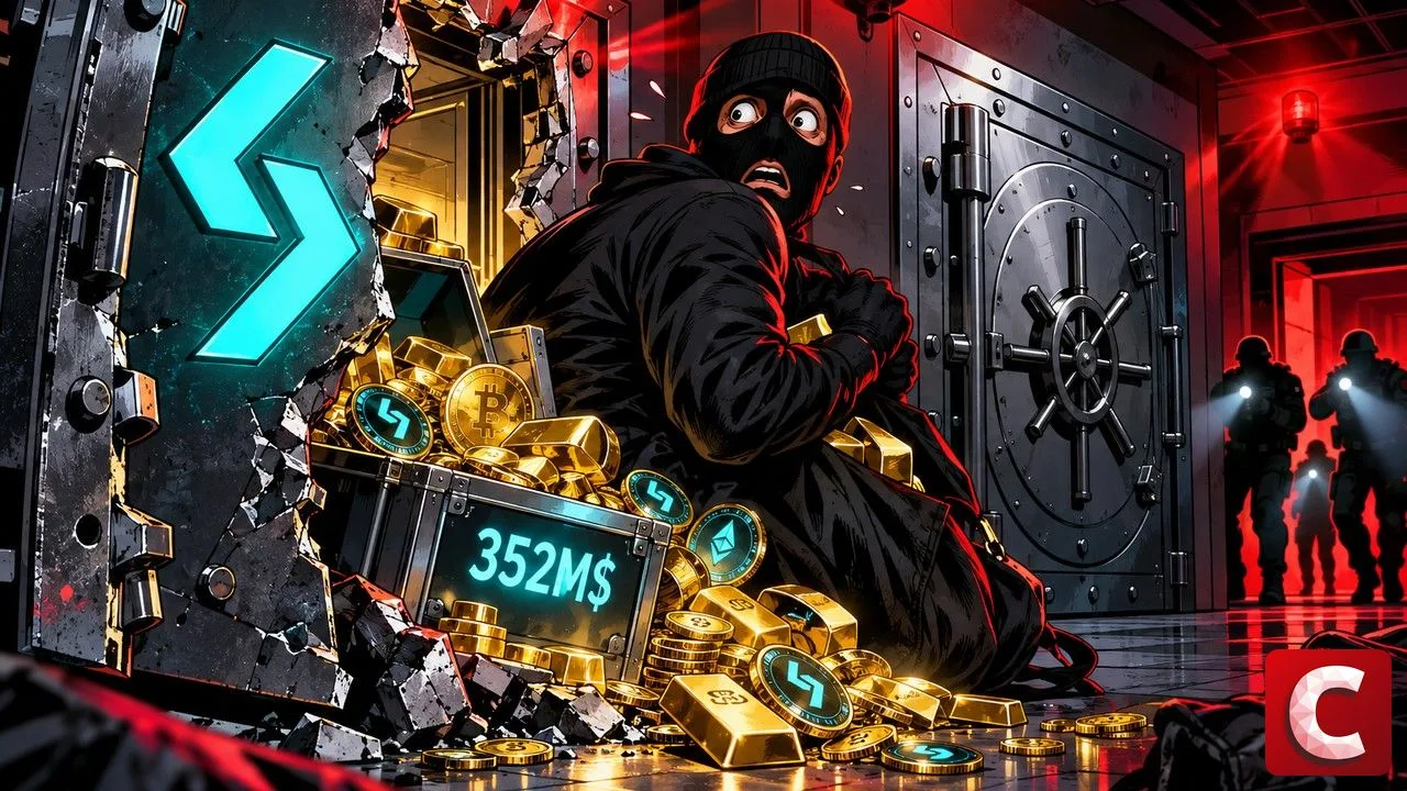 Bitget piraté : cambrioleur masqué dans un coffre-fort bancaire cyan, alarme en alerte