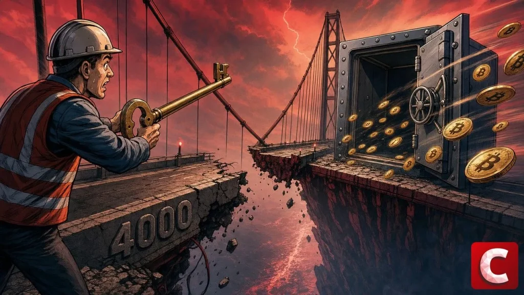 Pont coupé et coffre vidé illustrant Blockstream et la sidechain Liquid à l'arrêt