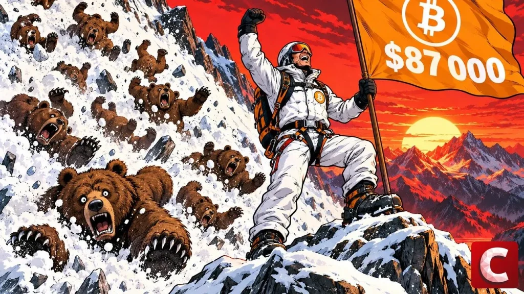 Bitcoin price climb shown as a mountaineer planting the Bitcoin flag while bears tumble downhill