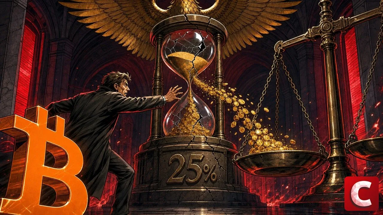 German crypto tax shown as a cracked hourglass spilling gold coins onto a justice scale