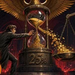 Fiscalité crypto allemande illustrée par un sablier fissuré face à une balance de justice